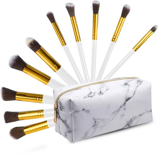 Make Up Kwasten Set - Make-up Kabuki Kwast Set 10 delig in Etui Marble - Wit-Goud