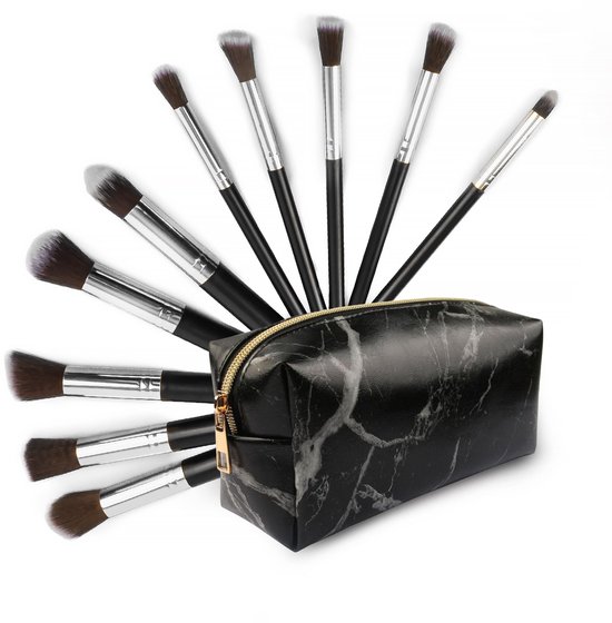 Make Up Kwasten Set - Make-up Kabuki Kwast Set 10 delig in Etui Marble - Zwart-Zilver