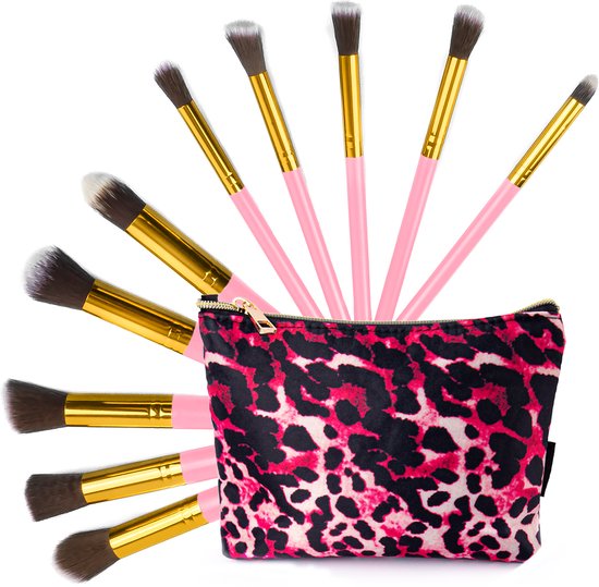 Make Up Kwasten Set - Make-up Kabuki Kwast Set 10 delig in Etui Panter - Roze-Goud
