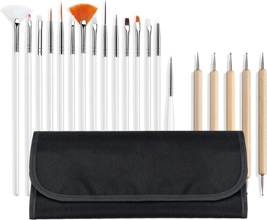 Nail Art Penselen - Nail Art Tools 20- delig met 15 nailart penselen en 5 dotting tools - Wit en Blank Hout, in zwarte etui