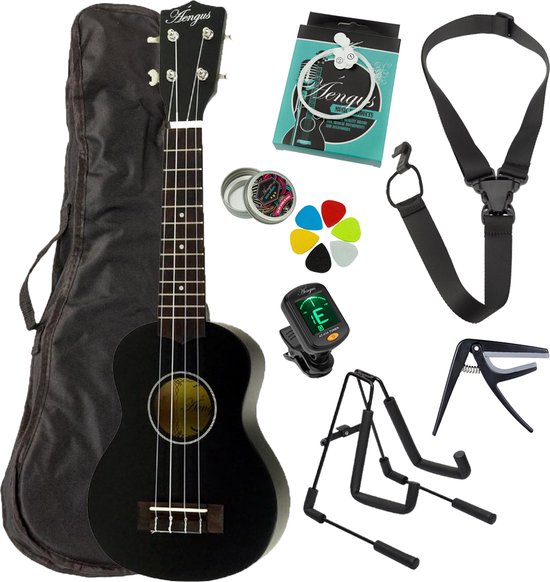 Áengus sopraan ukelele set - 8 delig - zwart