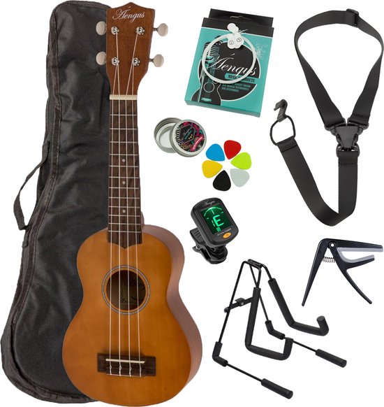 Áengus sopraan ukelele set - 8 delig - houtkleur