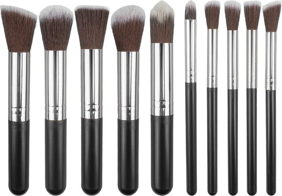 Evvie set van 10 make-up kwasten kabuki - Zwart-Zilver