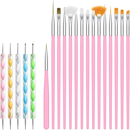 Evvie 20 delige nail art set - 15 nailart penselen en 5 dotting tools - Roze