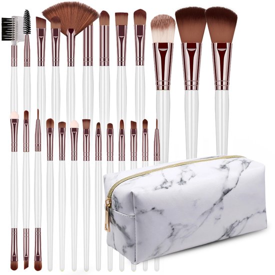 Evvie® 24-delige make-up kwastenset - Wit/Rosé Goud - in etui Marble