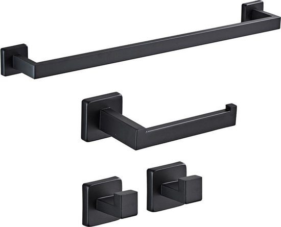 Badkamer accessoires - Badkameraccessoiresets 4-delig met Handdoekrek, WC Rolhouder en Handdoekhaakjes (2x) - RVS - Zwart