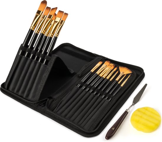Penselen acrylverf aquarelverf olieverf gouache – penselenset 15 delig in luxe etui - met paletmes en spons