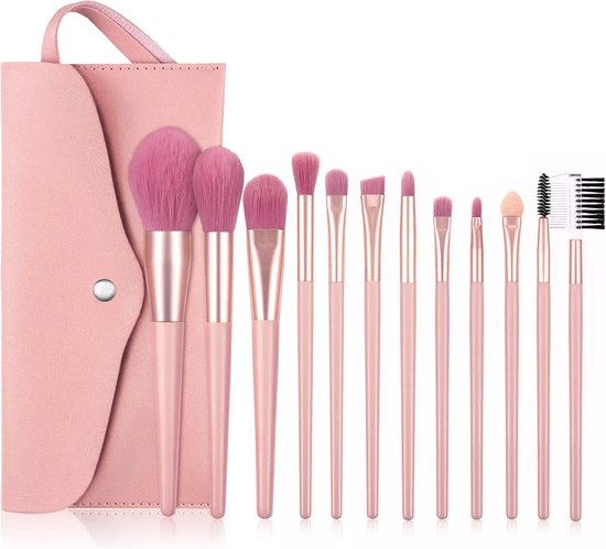 Make Up Kwasten Set In Luxe Etui - Kwastenset 12- delig - Oud roze