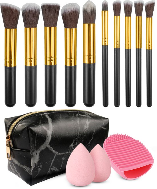 Evvie set van 10 make-up kwasten met beauty blender (2x) en brushegg in etui - zwart/goud