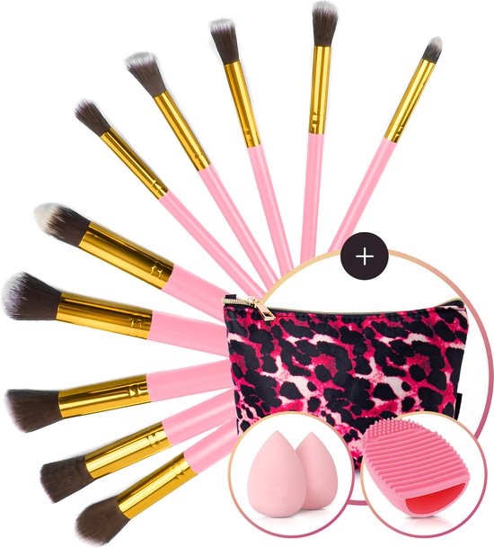 Evvie set van 10 make-up kwasten met beauty blender (2x) en brushegg in etui - roze/goud