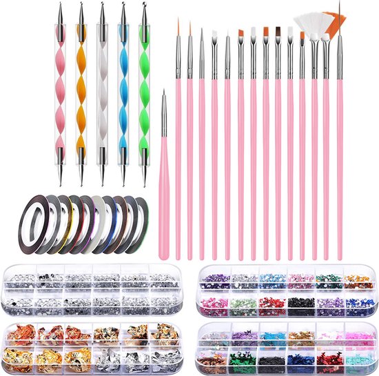 Evvie© Nail Art Kit - Penselen met Dotting tools - Strass steentjes - Rhinestones - Nagel folie - Diamantjes - Striping tape – 65-delig