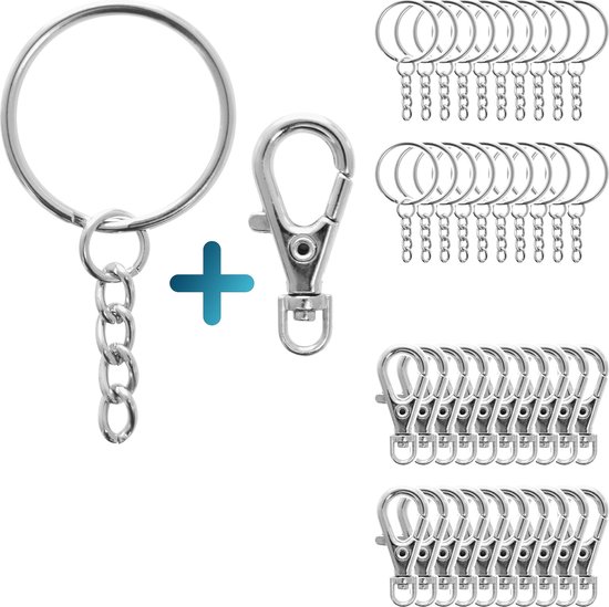 Sleutelhanger, sleutelringen met karabijnhaak – splitring 25mm met karabijnhaak en ketting – 20 stuks – RVS