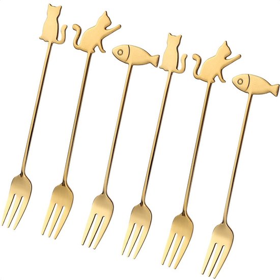 Gebaksvorkjes kat en vis - set van 6 taartvorkjes - RVS - goudkleurig