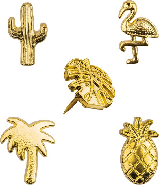 Punaises voor prikbord of memobord - set van 30 pushpins - flamingo/cactus goud