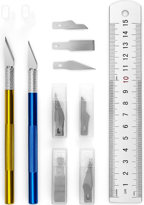 Scalpel mesjes set - 43 delige hobbymes set - 1 liniaal staal / 2 scalpels / 40 reserve scalpel mesjes