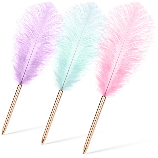 Pennen met Veren - balpen rosé/goud - met roze, lila, lichtblauwe veer - 3 stuks