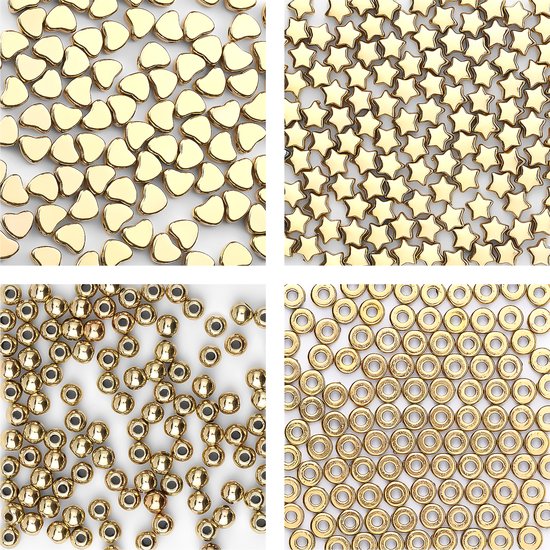 Kralen set voor Sieraden maken – Acryl Kralen goudkleurig – Sterretjes, Hartjes, Schijfjes en Ronde kralen - 400 stuks