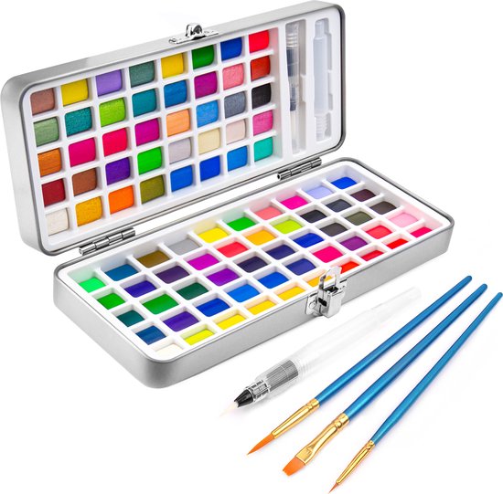 Aquarelverf Set – 90 kleuren waarvan 36 metallic tinten – met waterbrush penseel - in metalen blik