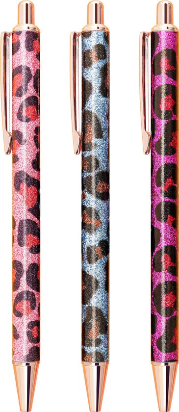 Balpen set - set van 3 pennen - panterprint - blauw - roze - donker roze