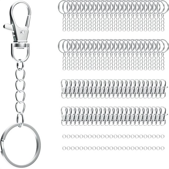 Sleutelhanger, Sleutelringen met Karabijnhaak – Sieraden maken - Platte Sleutelring 24 mm met Karabijnhaak, Splitringen en Ketting – 50 stuks – RVS