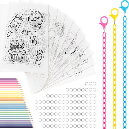 Krimpfolie Knutselpakket Unicorn (plus) - Krimpfolie Sleutelhangers of Sieraden Maken - 10 vellen krimpfolie - 24 Eenhoorn Kleurpotloden - 3x Kunststof Broekketting - 100 Splitringen zilverkleur 0,7x6 mm