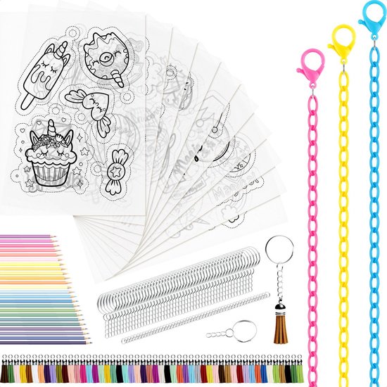 Krimpfolie Knutselpakket Unicorn (extra) - Krimpfolie Sleutelhangers of Sieraden Maken - 10 vellen krimpfolie - 24 Eenhoorn Kleurpotloden - 50 sleutelringen met kwastje - 3x Kunststof Broekketting - 100 Splitringen zilverkleur 0,7x6 mm
