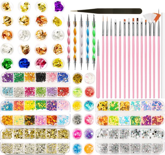 Evvie© Nail Art Kit XXL - Nail Art Penselen met Dotting tools - Pincet - Strass steentjes - Rhinestones - Nagel folie - Diamantjes – Strass Applicator - 100-delig
