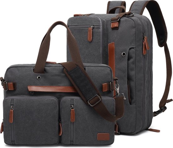Laptoptas 2 in 1 Laptop Rugtas Schoudertas voor 15.6 inch laptop – canvas grijs