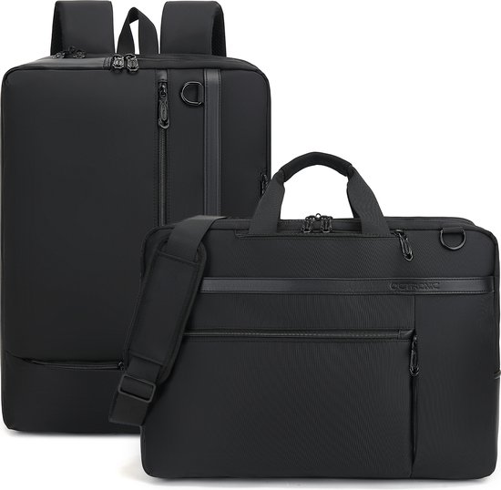 Octronic Laptoptas 17,3 Inch - 2 in 1 Laptop Rugzak en Schoudertas - 20 Liter - zwart/zwart