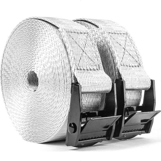 Spanbanden set 2 stuks met metalen klemgesp - Spanband - Sjorband - 25 mm x 5 meter – max. belasting 200 kg - grijs