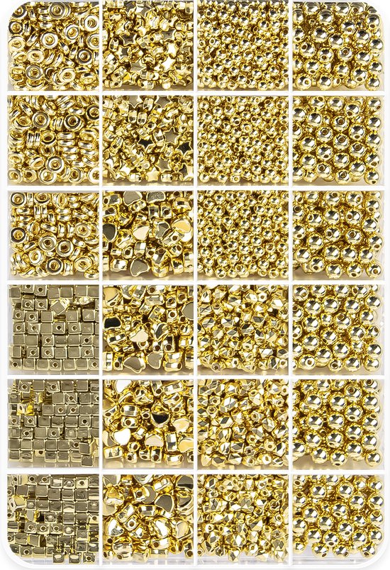 Kralen Set Goud voor Sieraden maken - Armbandjes - Telefoonkoord - Kralenset in Diverse Maten en Vormen in Handige Sorteerdoos - 3600 stuks - Goud Kleur