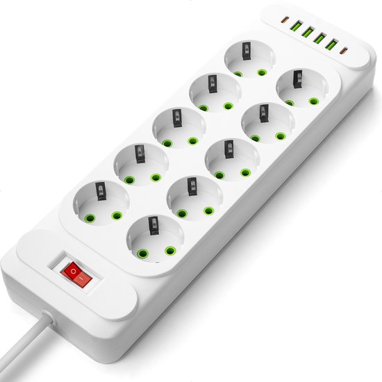 Stekkerdoos met schakelaar en 10x geaarde stopcontact 4x USB-A en 2x USB C - Verlengsnoer 2 meter - Wit