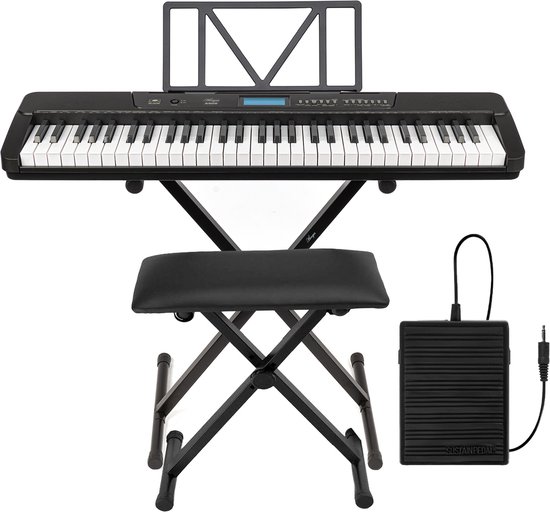 Keyboard set - Áengus A902 keyboard piano met 61 Aanslaggevoelige lichtgevende toetsen, USB MIDI + Sustain pedaal, Keyboard standaard en Pianokruk