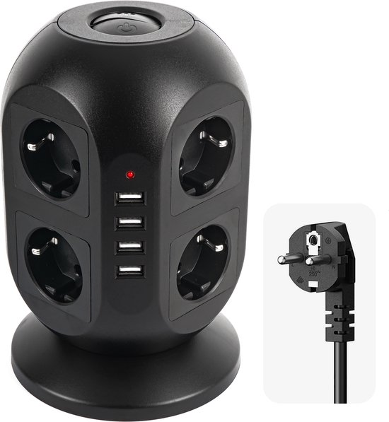 Stekkerdoos met USB en Schakelaar Powercube Stekkerblok - 2 m Verlengsnoer - 8 Geaarde Stopcontacten - 4 USB-A Poorten - Overspanningsbeveiliging - Zwart