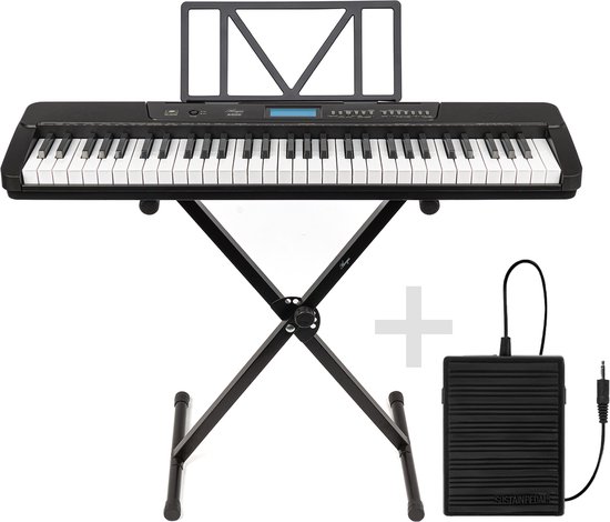 Keyboard set - Áengus A902 keyboard piano met 61 Aanslaggevoelige lichtgevende toetsen, USB MIDI + Sustain pedaal en Keyboard standaard