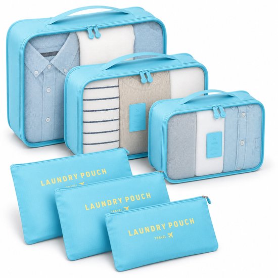 QY Packing Cubes Koffer Organizer Set – Kleding Organizer met 3 Packing Cubes & 3 Laundry Pouches – Lichtblauw
