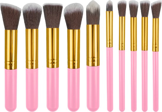 Evvie set van 10 make-up kwasten kabuki - Roze-Goud