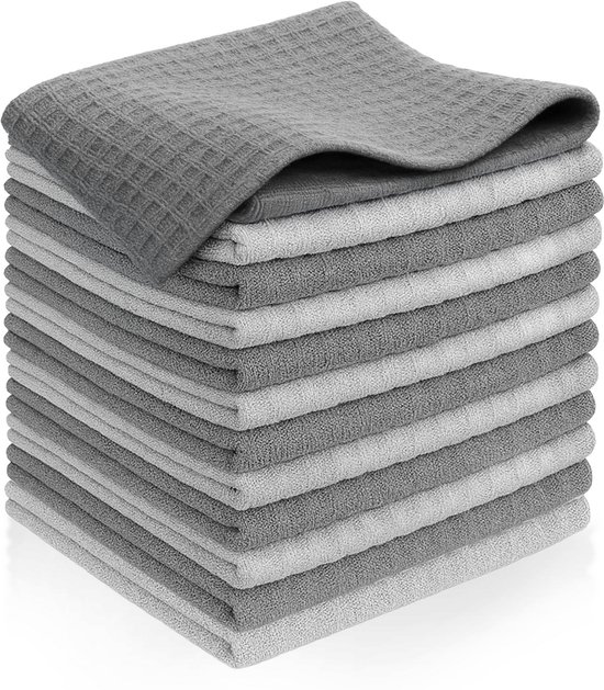 Vaatdoek Microvezeldoekjes – Set van 12 Schoonmaakdoekjes met Wafelstructuur – 30x30 cm – Lichtgrijs & Donkergrijs