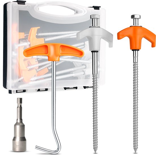 Schroefbare Tentharingen Set met Lichtgevende Haringen – 16‑delig - met 13mm Bitje voor Accuboormachine, Haringtrekker en Opbergkoffer