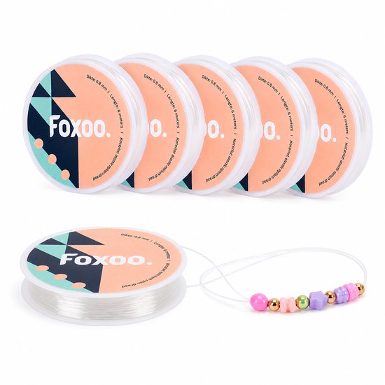 Foxoo Elastisch Draad voor Armbandjes 0,8 mm – 6 Rollen van 5 Meter – Transparant Rijgdraad voor Kralen, Kettingen en Sieraden Maken